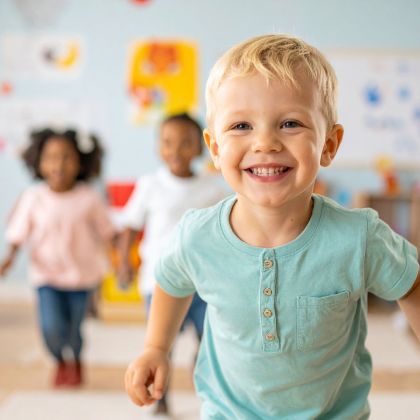 Lachendes Kleinkind beim Toben im Spielbereich.